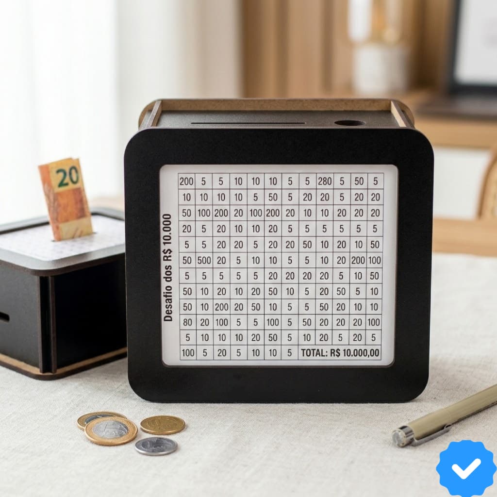 Cofre Desafio 10 Mil R$ 10.000 MDF Cofrinho Preto Desmontado Economizar Guardar Dinheiro Cédulas Moedas Viagem Meta