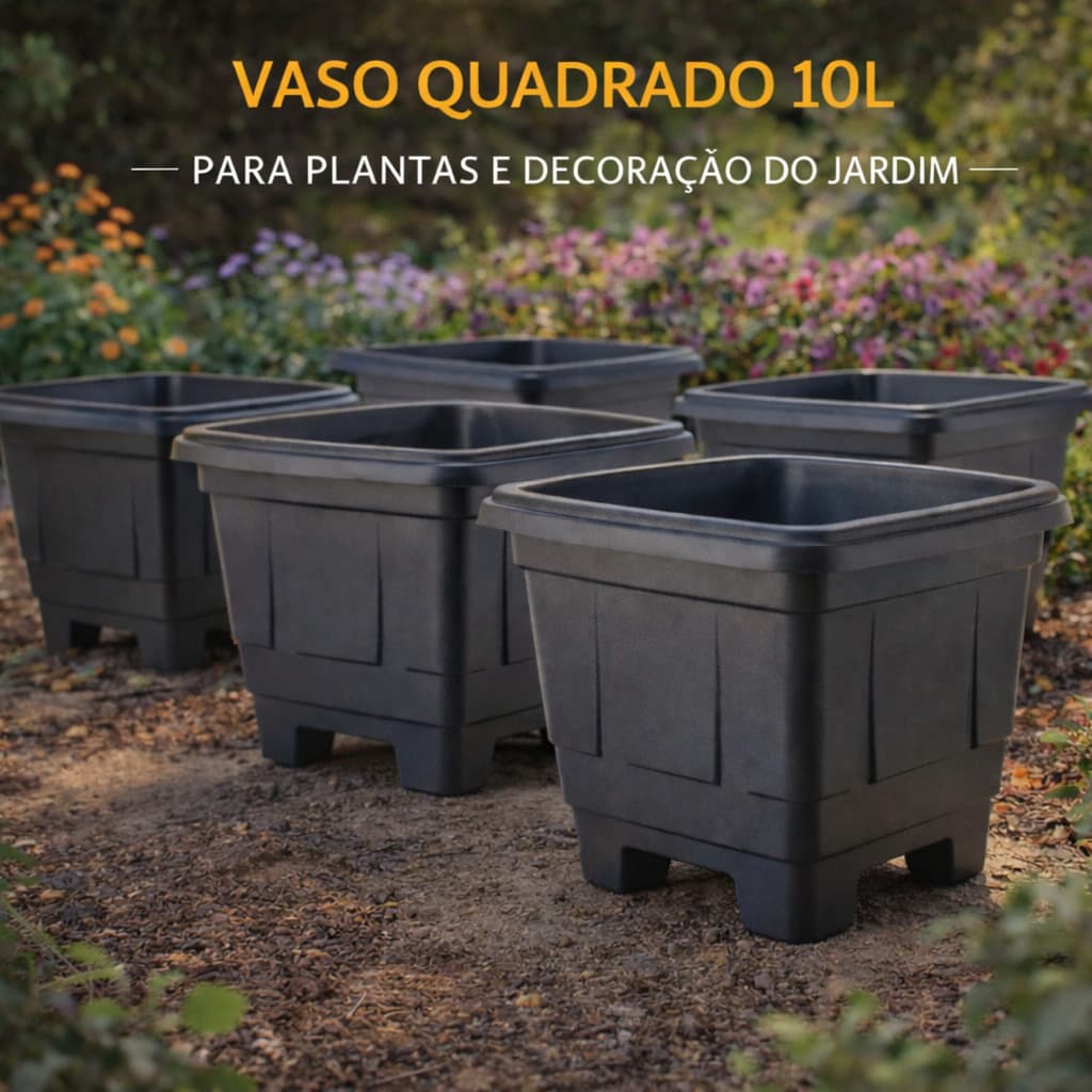 Vaso Quadrados 10L Preto Plástico Reforçado com Drenagem para Jardim Horta Plantas Flores Decoração