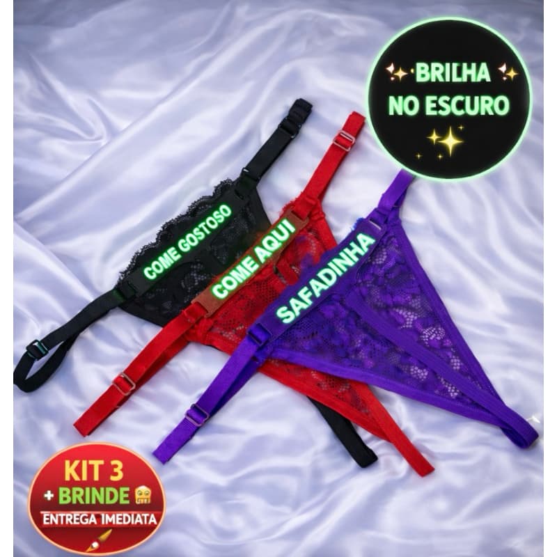 kit 3 Tanga Frases Brilha no Escuro lateral regulável +Brinde ✨MELHOR PREÇO | ENTREGA IMEDIATA✨