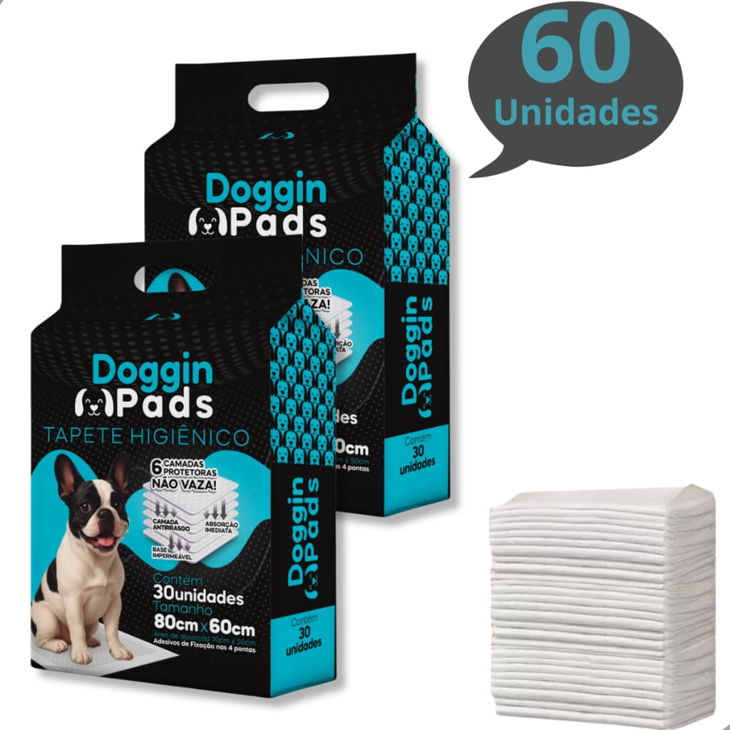 Kit 2 Tapete Higiênico para Cachorro Doggin Pads 80 x 60 cm - 60 Unidades
