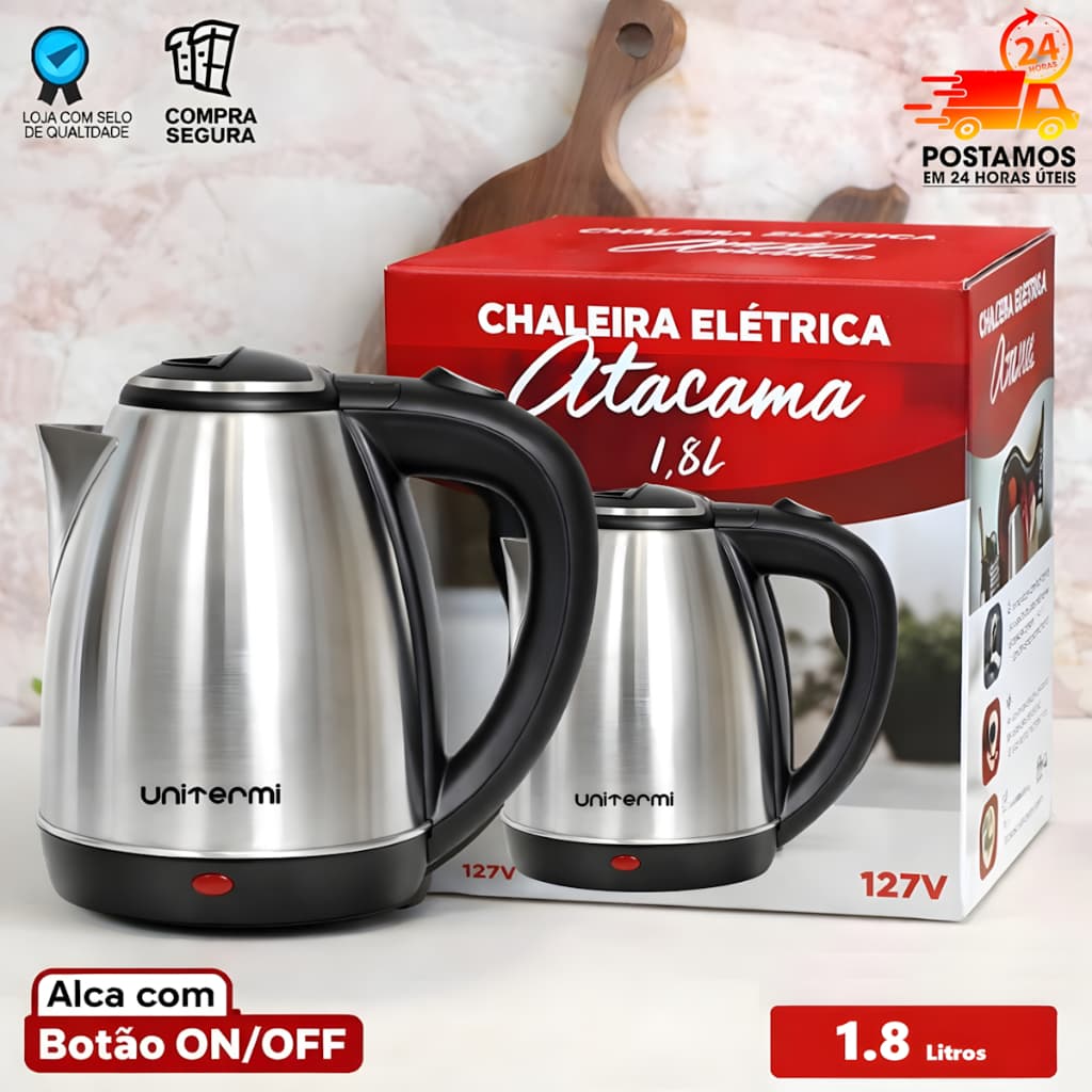 Chaleira Elétrica Inox 1.8L 110v/220V - Ferve Água Rápido Desligamento Automático - Unitermi Atacama