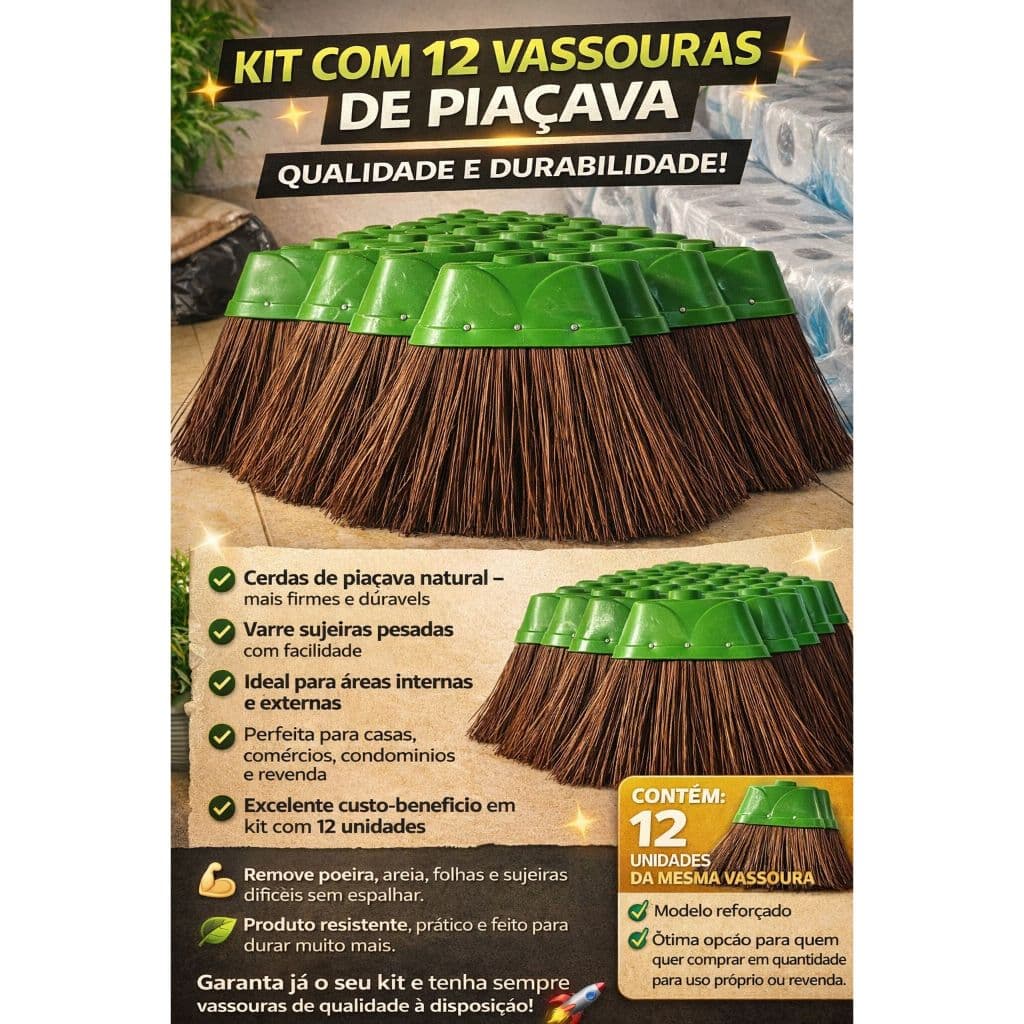 🧹✨ KIT COM 12 VASSOURAS DE PIAÇAVA – QUALIDADE E DURABILIDADE! ✨ SEM CABO