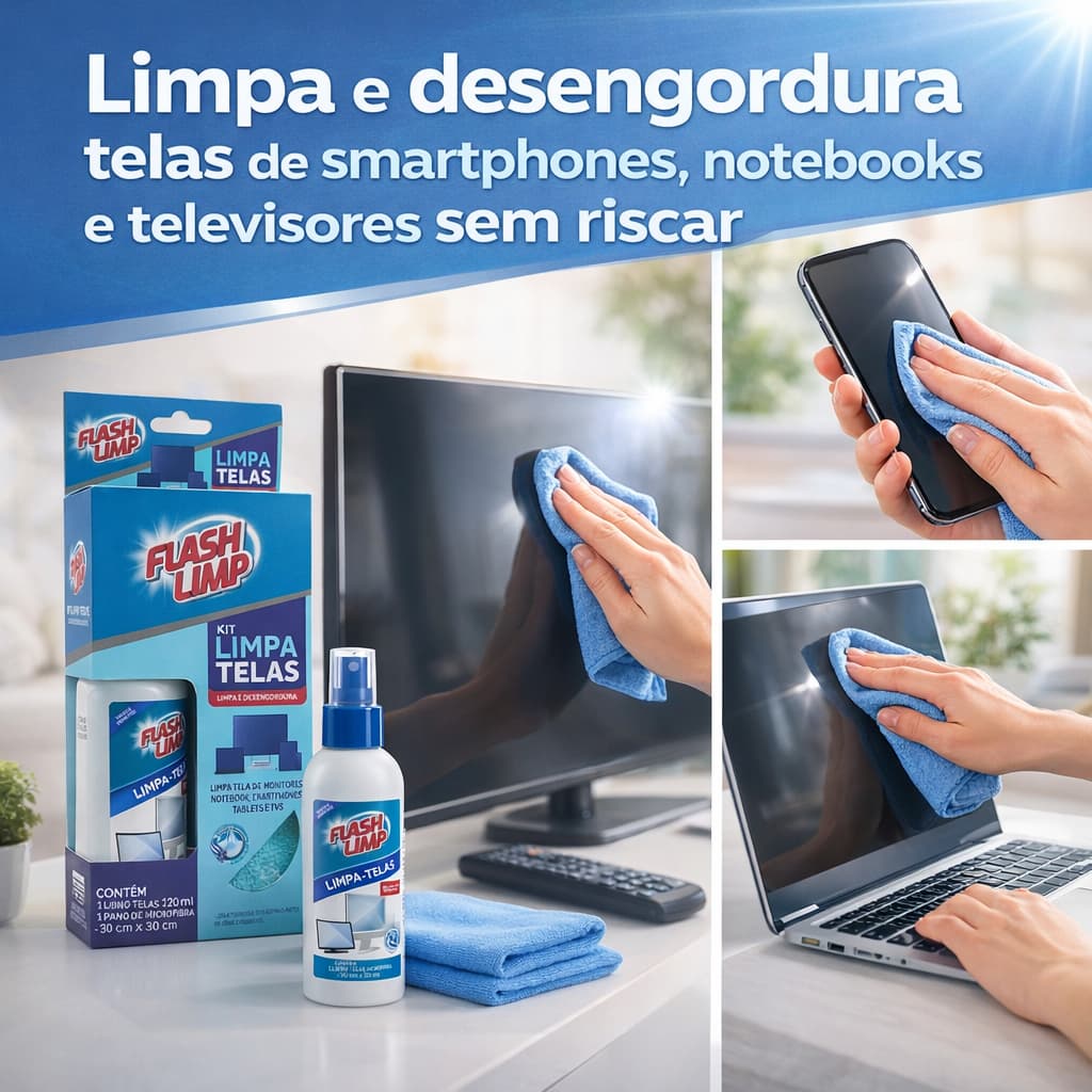 Kit Limpa Telas Sensíveis Celular Tablet Tv Computador Gps KIT0527 Flash Limp Spray 120ml Com Pano De Microfibra