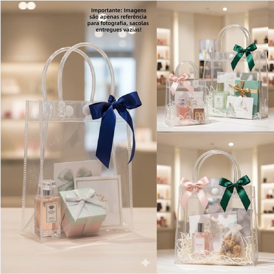 Kit Com 5/10/20 Sacola PVC Transparente com Alça e Botão Tamanho Variação - Ideal para Brindes, Festas e Casamentos.