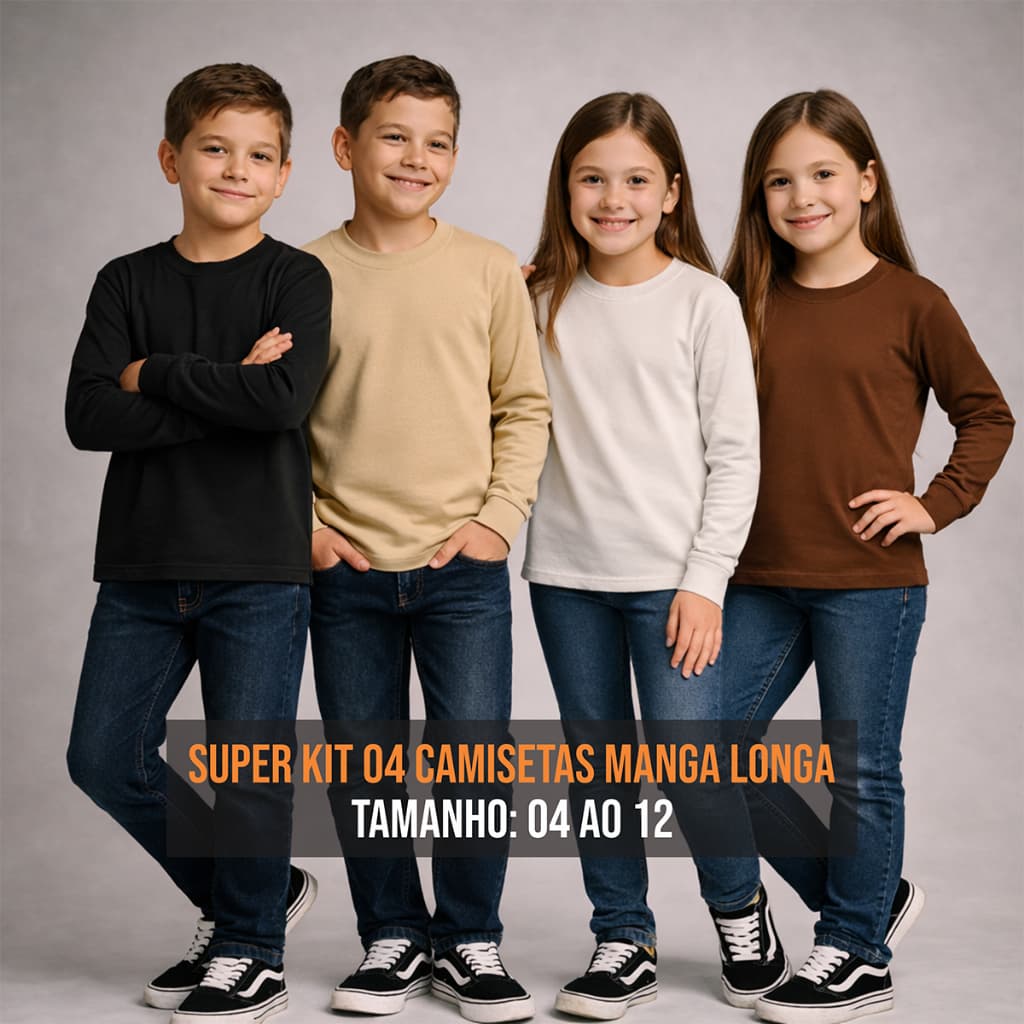Kit 04 Camiseta Manga Longa Infantil 100% Algodão Blusa Lisa Básica Camisa Infantil Unissex Menino Menina Roupa Inverno