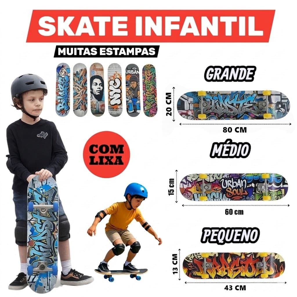 Skate Infantil com Lixa Semi Profissional Shape Estampado Suporta até 50kg Menino e Menina