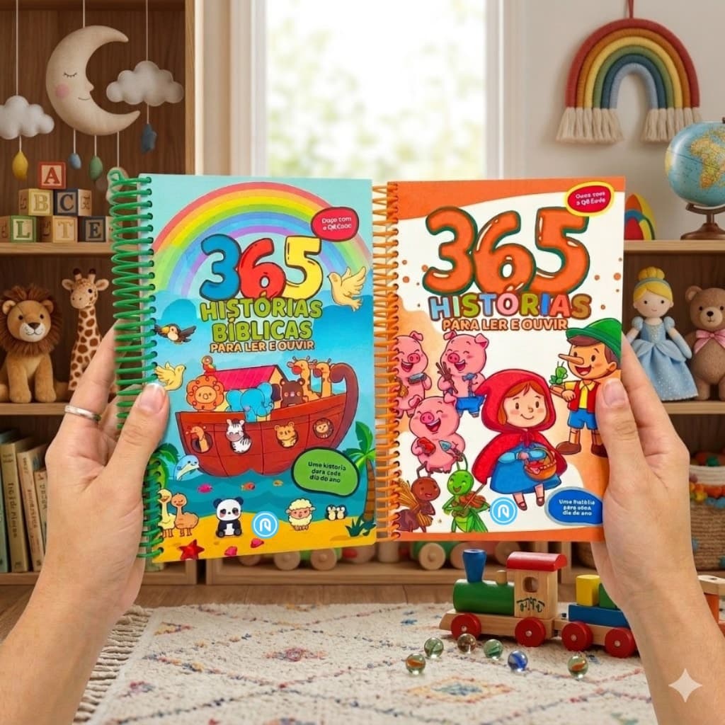Kit C/2 Livros 365 Histórias Bíblicas + 365 Histórias para Contar QR Code para Ler e Ouvir Espiral