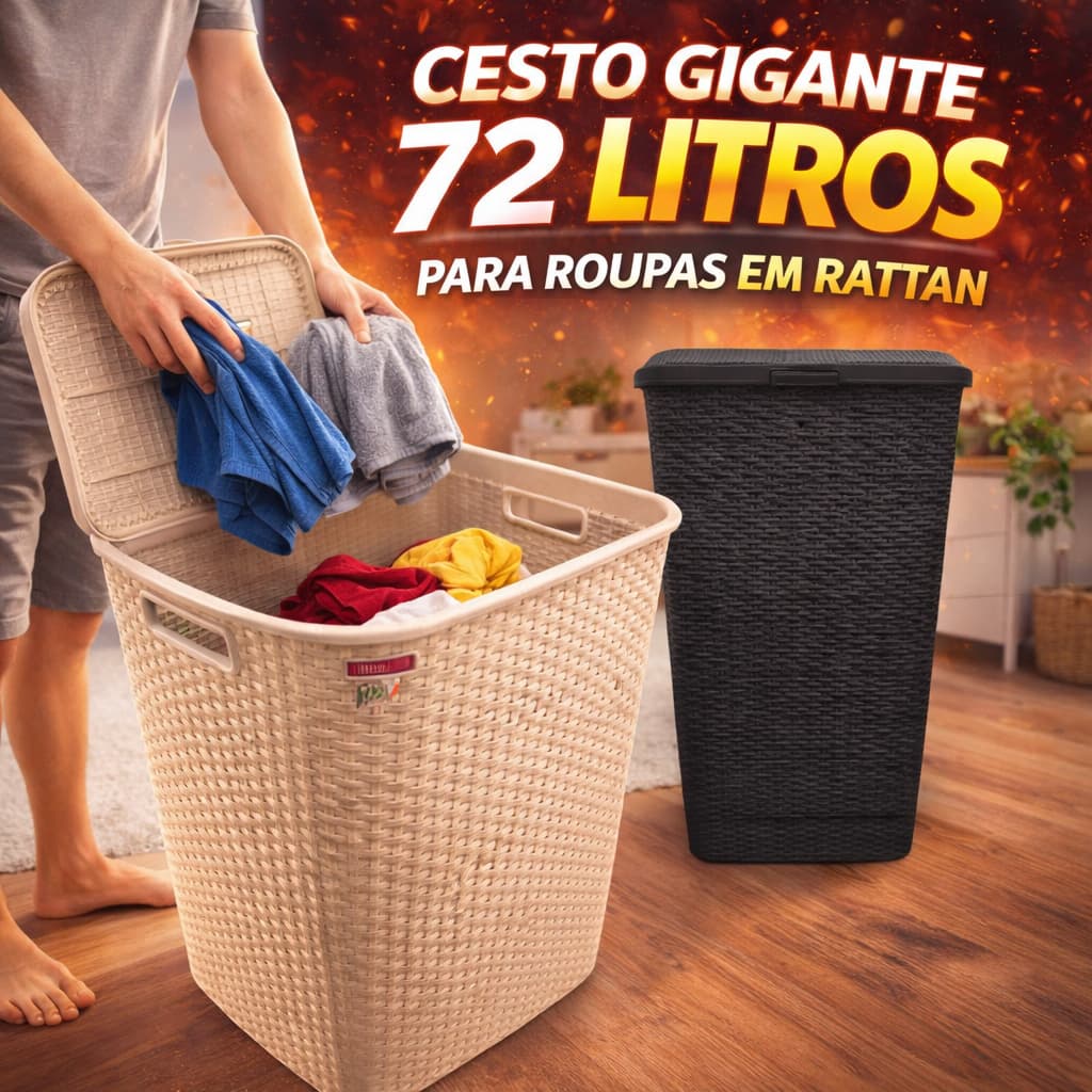 Cesto Roupa Suja 72L Rattan Grande com Tampa Organizador Lavanderia Banheiro Quarto Plástico Resistente
