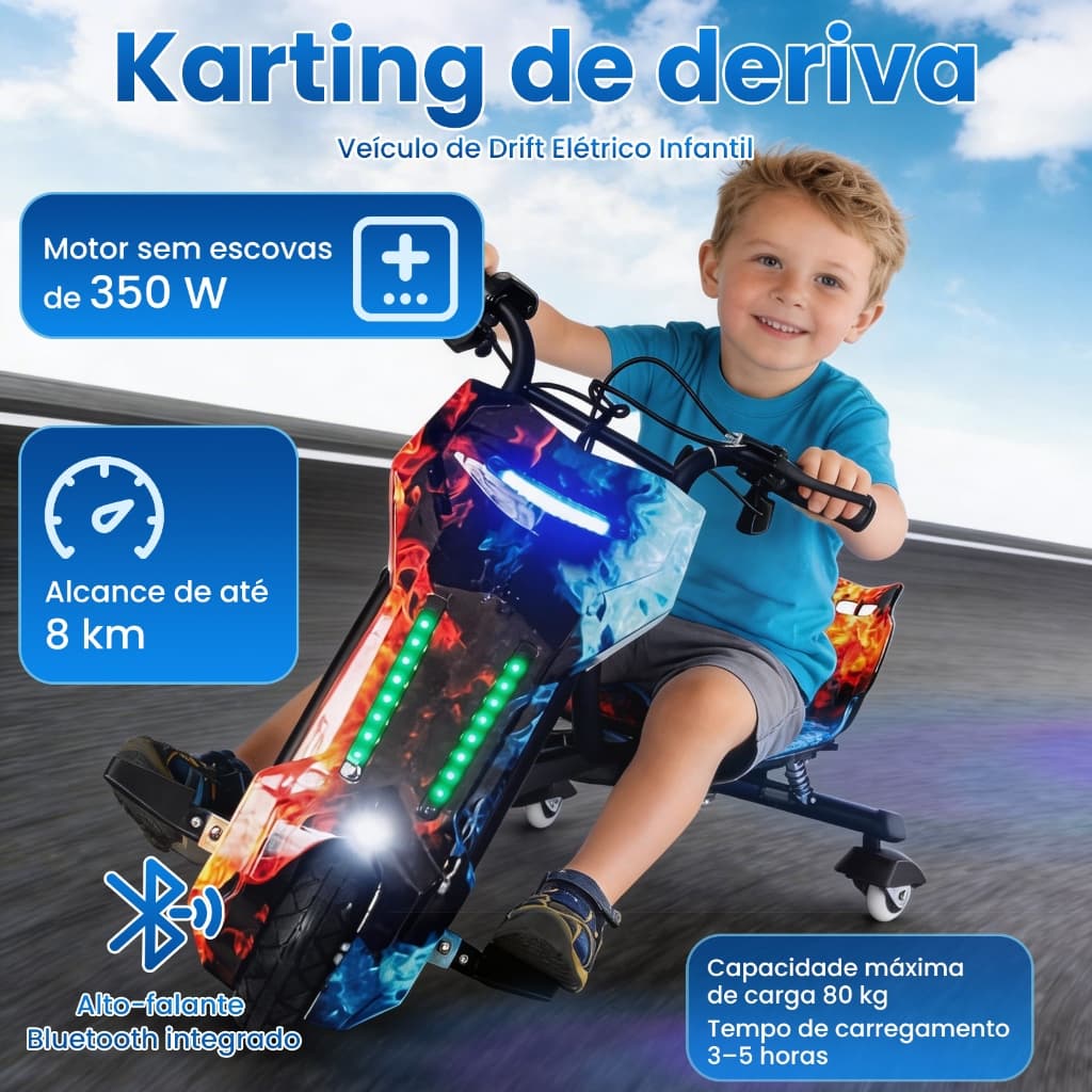 Triciclo Elétrico Drift Motorizado 350w Adulto/Infantil Polegadas 3 Velocidades Bluetooth Led Display para Idade 8+