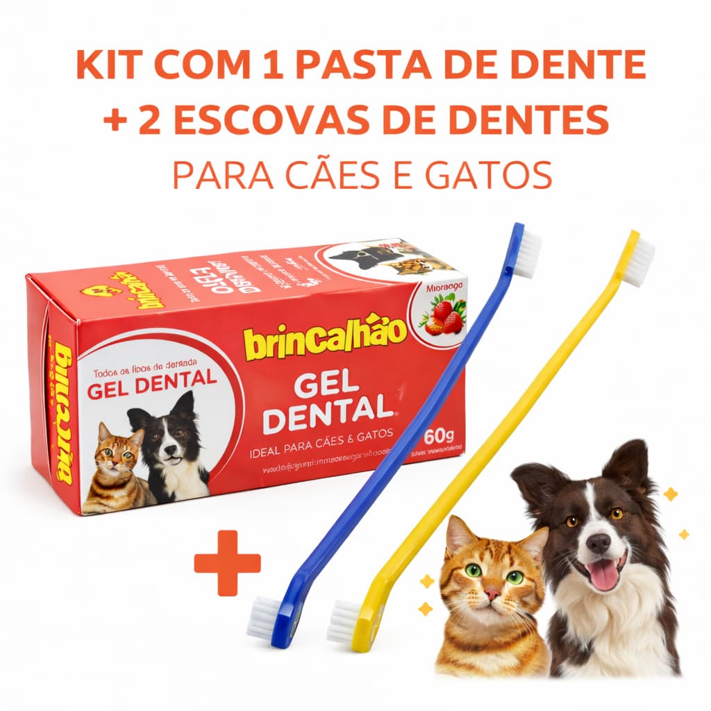Kit 1 Pasta + 2 Escovas PET Cachorro Gato Sabores Diversos Anti Tártaro Anti Mal Hálito BRINCALHÃO
