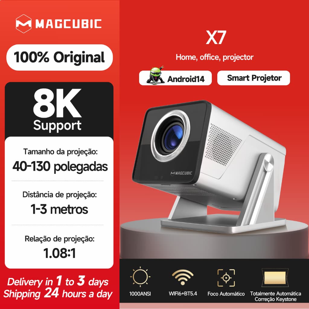 Magcubic X7 Projetor 1000ANSI Android 14 Foco Automático WIFI6 BT5.4 Support 8K/4K Alto-falante De 5 W