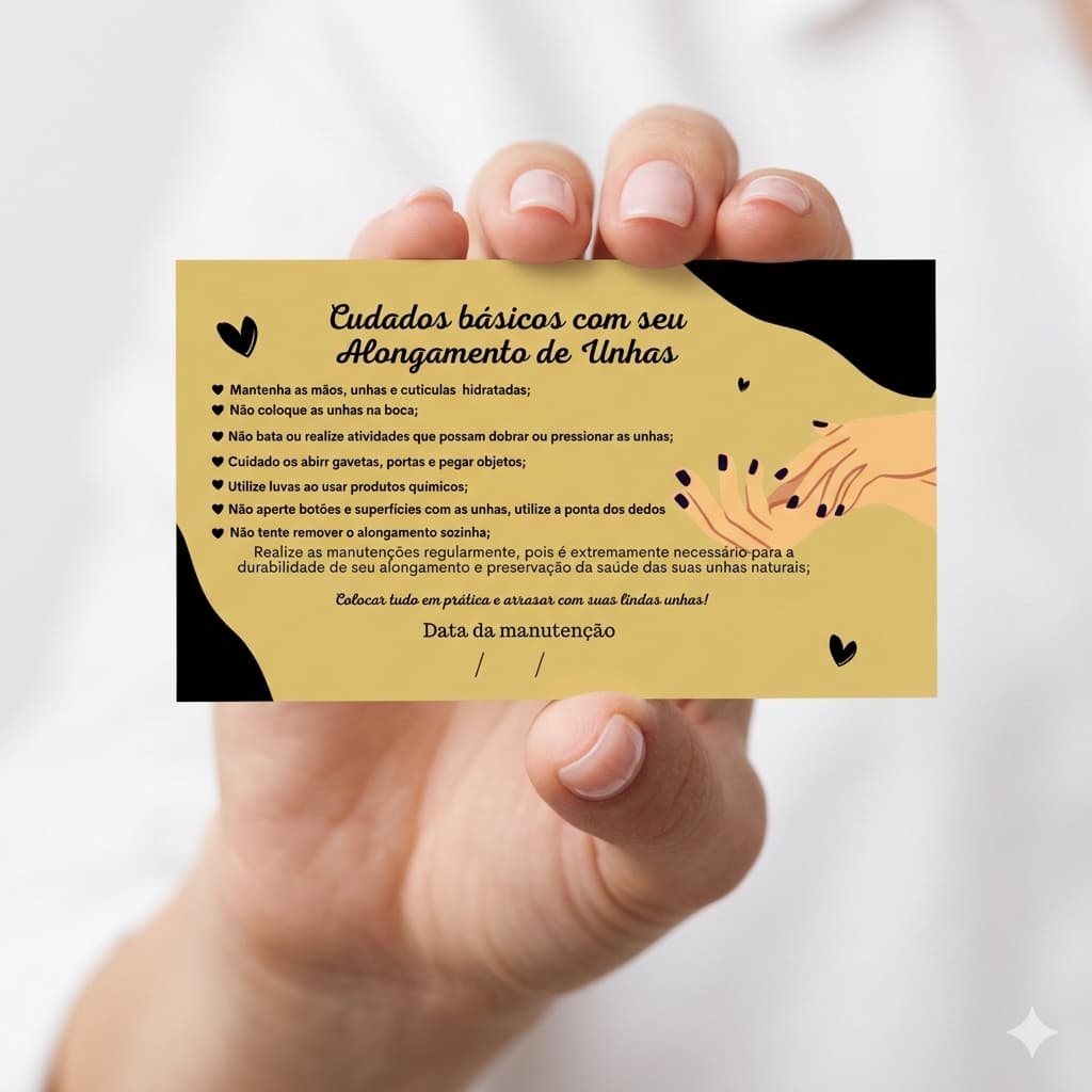 Cartão Cuidados Alongamento de Unhas Gel Fibra Acrigel Nail Designer Pós Procedimento Unhas Gel  Fibra de Vidro Acrílico