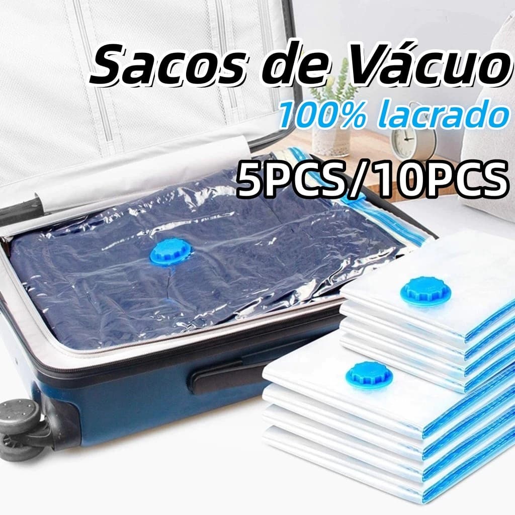 Kit 5/10 Saco a Vacuo + COM ou SEM Bomba Manual Organização de Roupas Mala Viagem Guarda Roupas