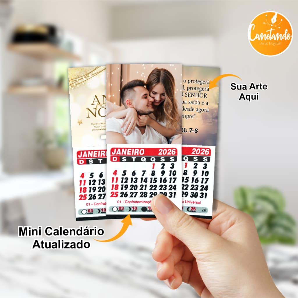 Mini Calendário ATUALIZADO 2026 Personalizado - Com Imã de Geladeira