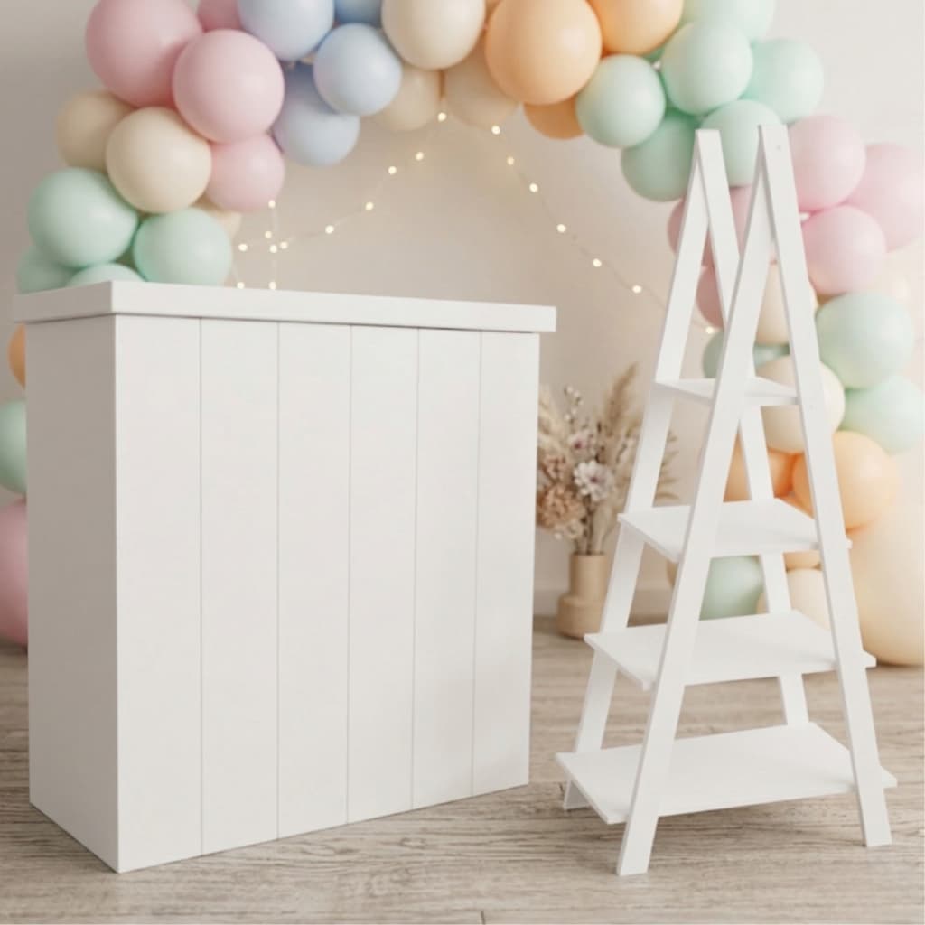 Conjunto Escada 4 Andares com Cômoda Fake em MDF Branco Ou Cru Decoração Festa Bolo Docinhos