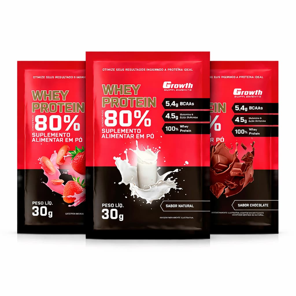 Kit 10 Sachês Whey Protein 80% 30g Sabores Variados Proteína do Soro do Leite 19 Sabores Disponíveis