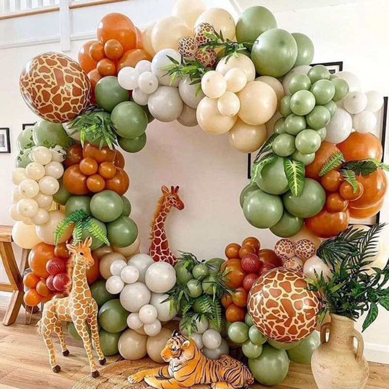 Kit Arco de Balões Desconstruído Safari Selva 181 Pçs Bexigas Verde Bege Girafa MM-QQ13 Premium