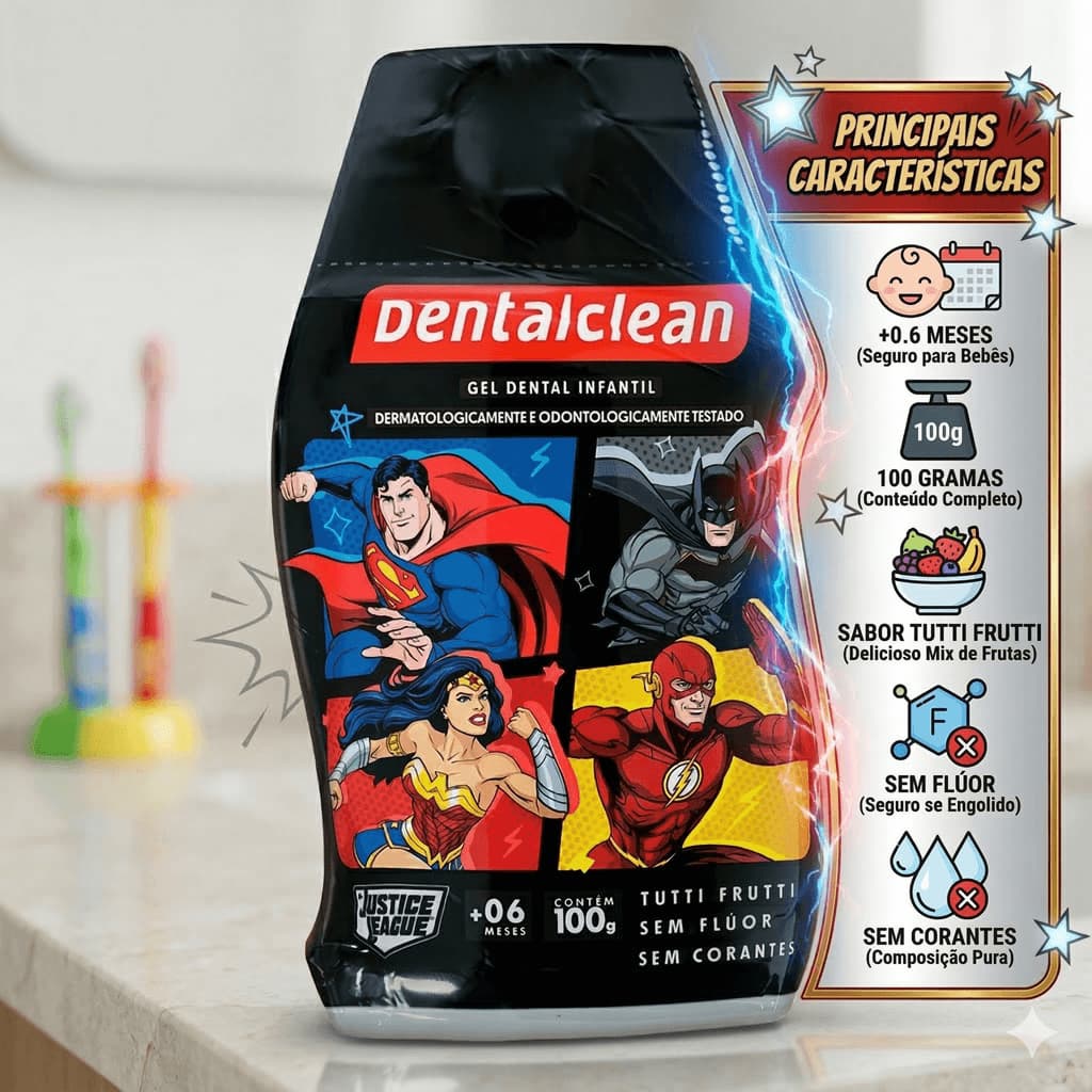Gel Dental Infantil Liga Da Justiça Mix de Frutas Dentalclean 100g