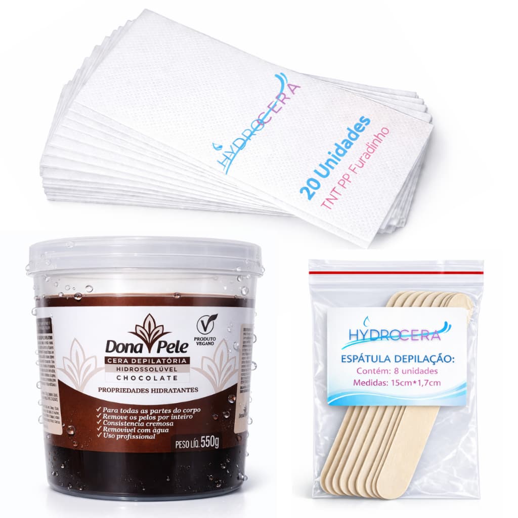Cera Vegana Chocolate 550g para todo Corpo e Virilhas Donapele + Lenço TNT 20F.+ 8 Espátula Madeira
