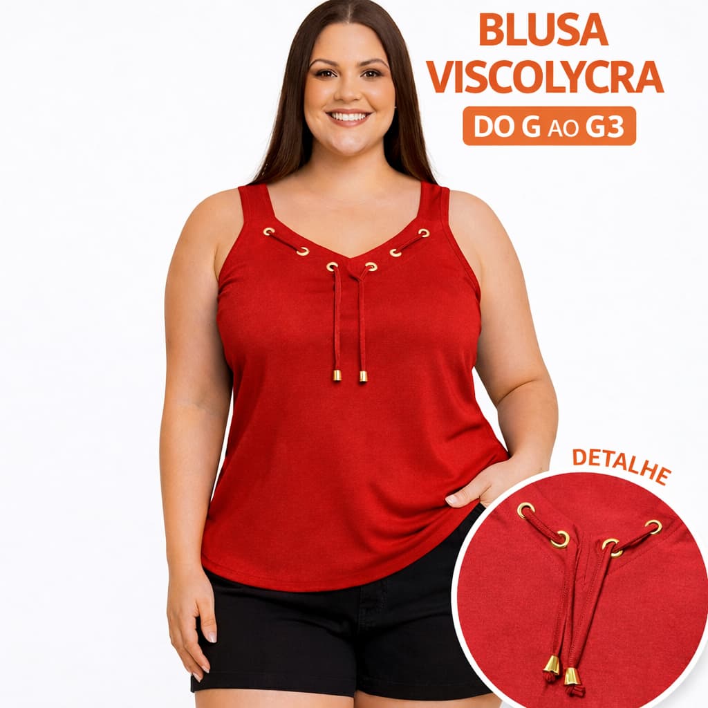 Blusa Regata Feminina Plus Size Ilhós Alça Larga  Único Veste G-GG-G1-G2-G3