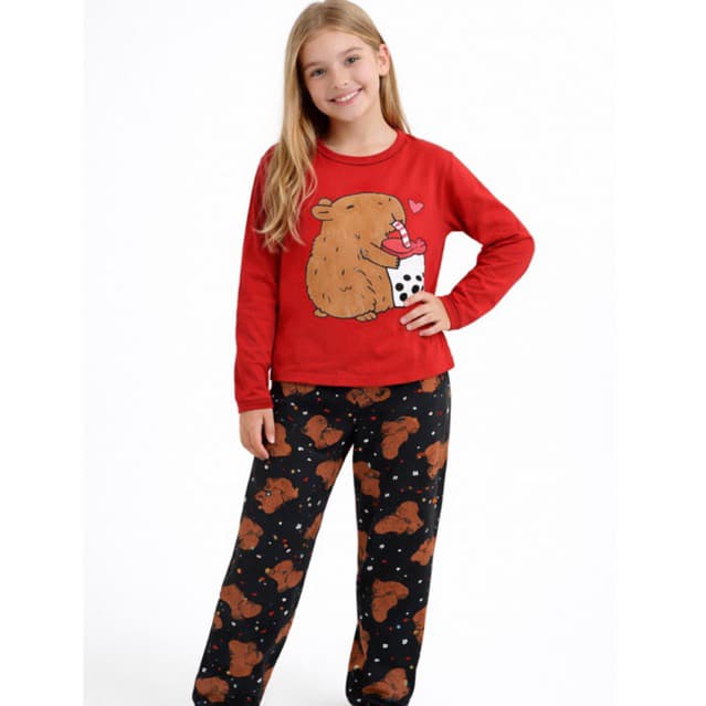 Pijama Infantil longo de Menina Inverno de Malha Calça e Blusa Manga Longa de Frio feminino