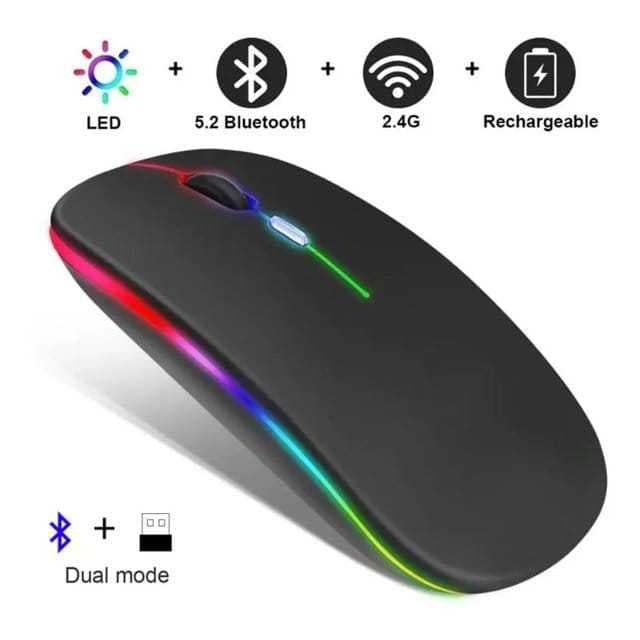 Mouse Sem Fio RGB Recarregável Bluetooth e Adaptador USB 2.4GHz Silencioso Alta Precisão