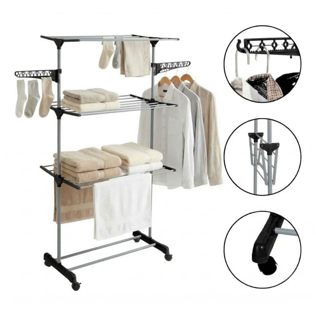 Varal De Chão Grande 3 Andares Dobrável Retratil Resistente Preto