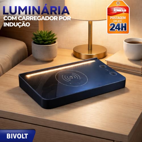 Luminária LED Dimerizável Bivolt 110-220v com Carregador por Indução + Saída Tipo-C | Acompanha Fixador