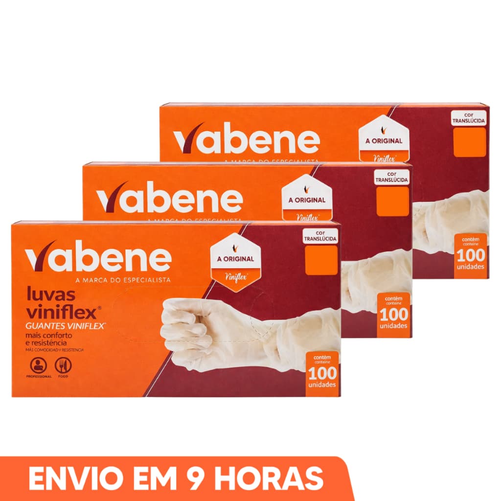 Luva Viniflex Transparente Sem Pó Descartável 300un P M G GG Marca Vabene