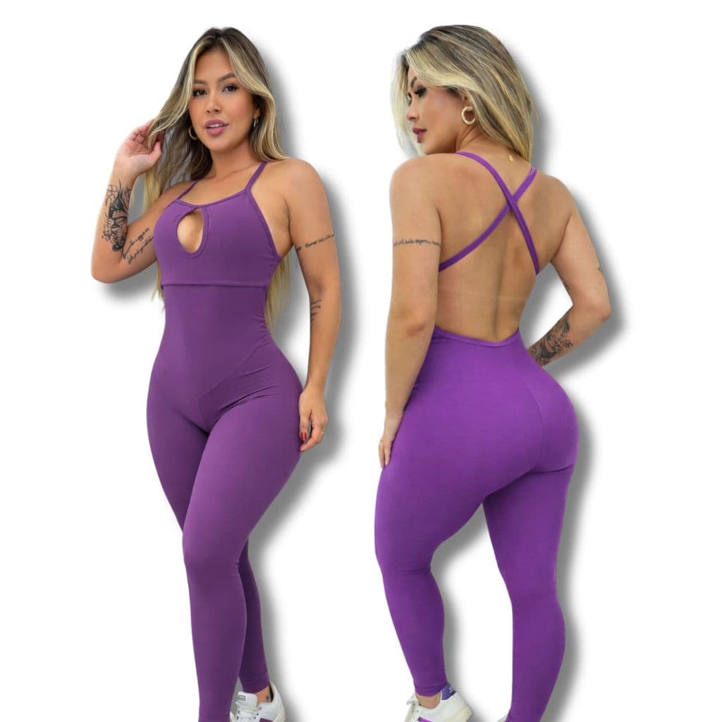 Macacão de Academia Feminino Longo Preto Fitness Cruzado nas Costas