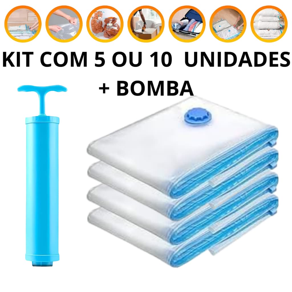 Kit 5/10 Saco a Vácuo 50x60 + Bomba Manual Organização de Roupas Mala Viagem Guarda Roupas