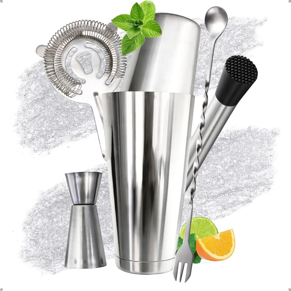 Kit barman 5 peças Inox Coqueteleira Boston Socador Dosador Colher Coador Strainer Profissional