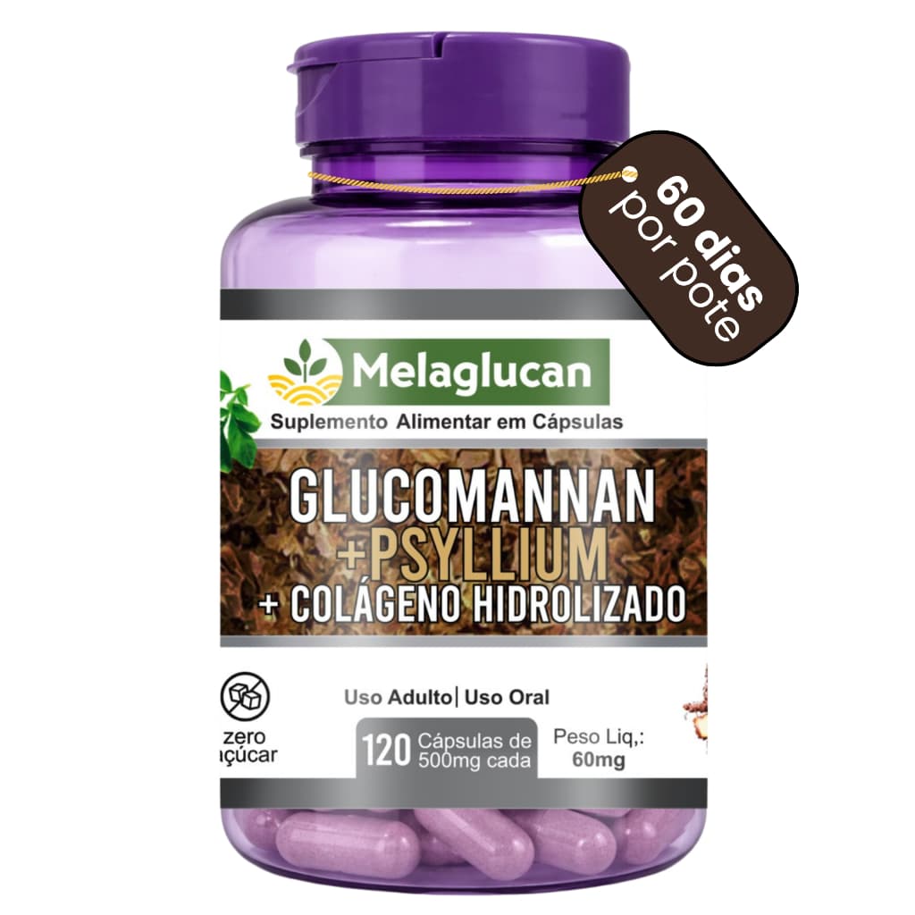 Glucomannan + Psyllium + Colágeno Hidrolisado 120 Cápsulas | Fibras Naturais Suplemento Alimentar