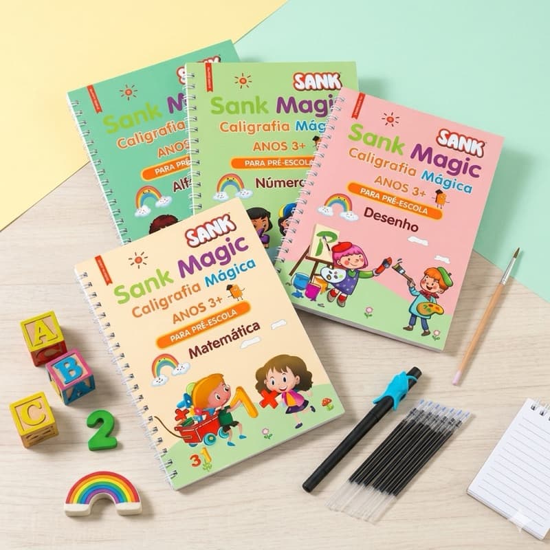 Coleção SANK Escreva e Apague Letra Cursiva Padrão Escolar em Português Caneta caligrafia magica reutilizavel Sank Magic
