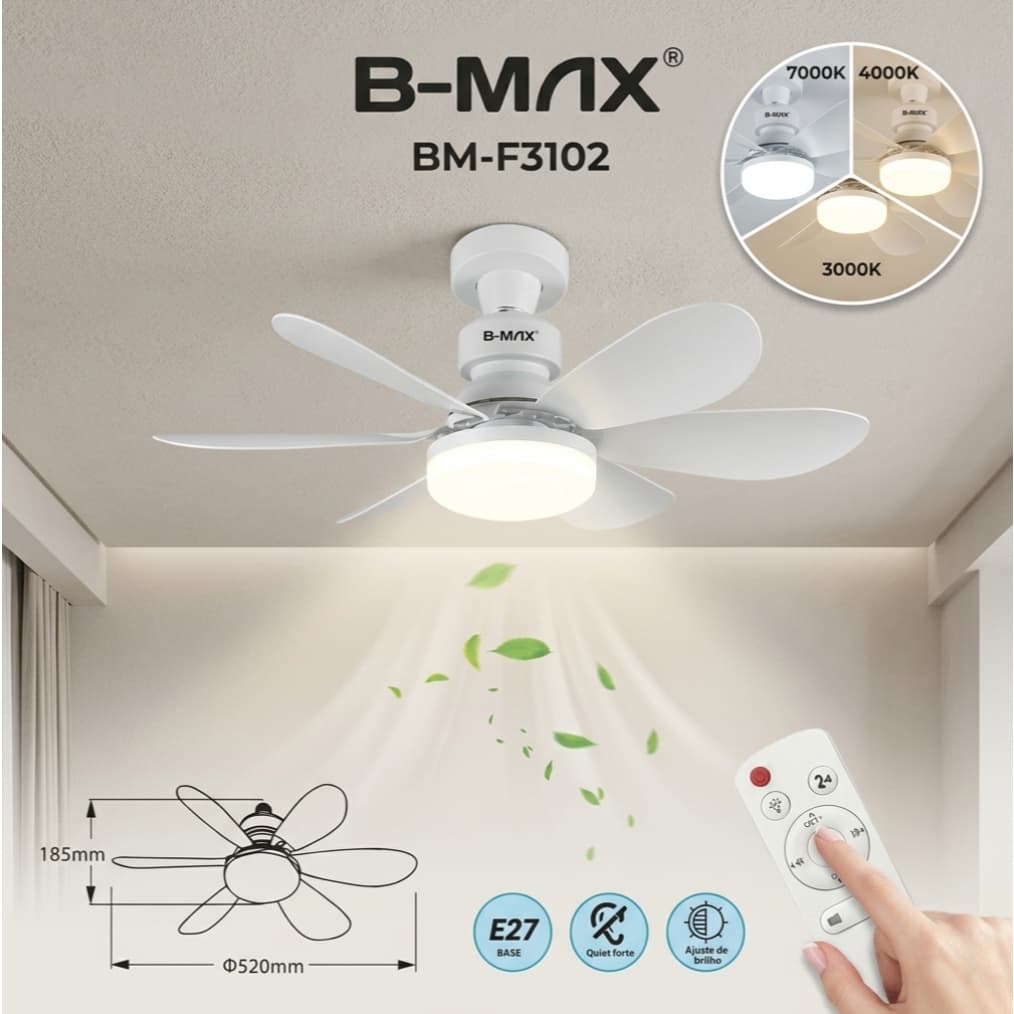 Ventilador de Teto com Lâmpada LED E27 - Silencioso, com Controle Remoto,Ventilador de 6 pás 52CM B-MAX BM-F3102