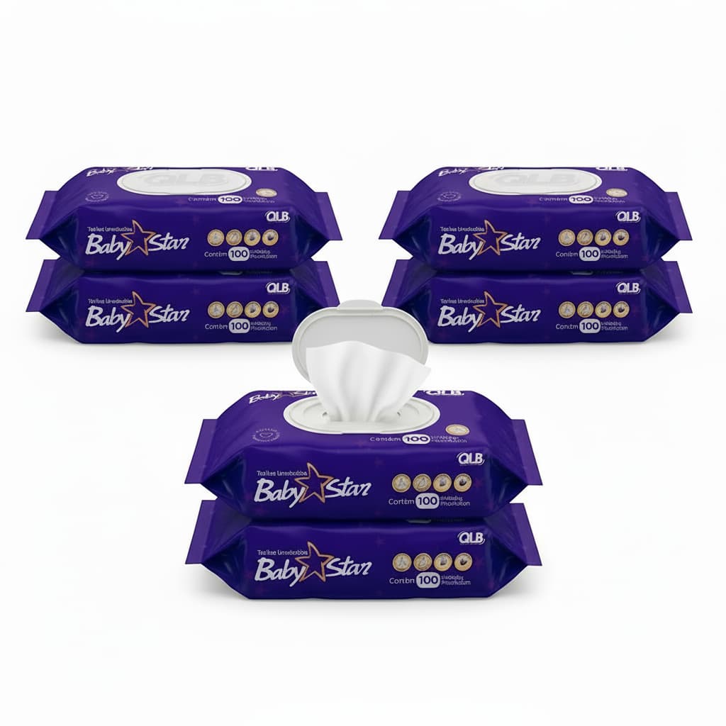 Caixa com 6 Lenços/Toalhas Umedecidas Baby Star Roxa c/ 100 Unidades Cada – Tampa FlipTop