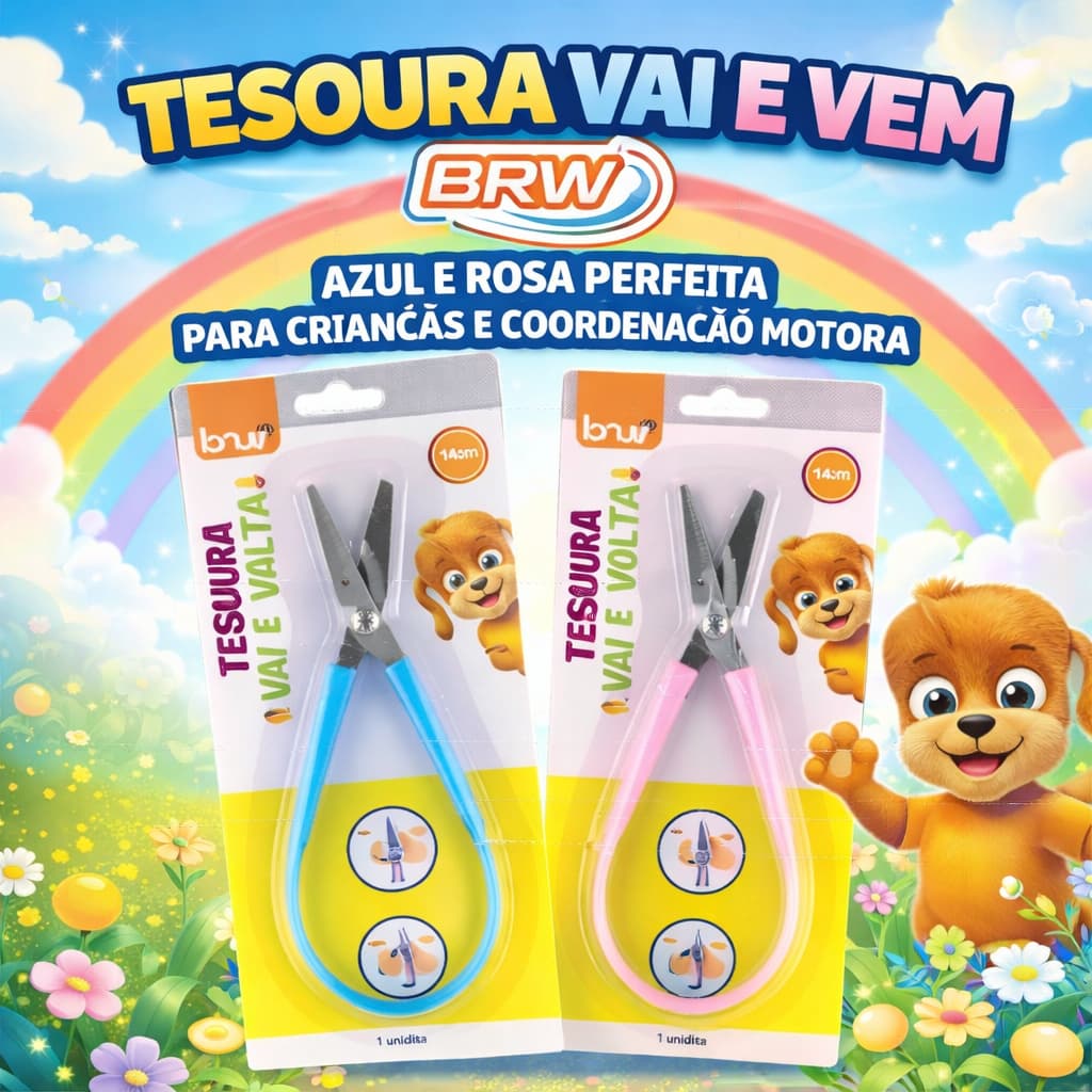 Tesoura Escolar Infantil 14cm Vai e Volta BRW Segurança Lâmina Arredondada Fácil Uso Coordenação Motora