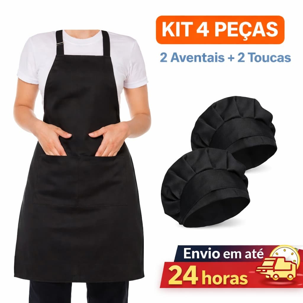 Kit 4 Peças 2 Aventais Preto Oxford + 2 Toucas Cozinha Profissional Unissex Restaurante Padaria