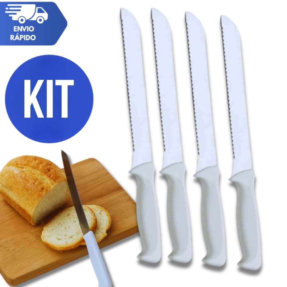 Faca de Pão  Aço Inox 6 Polegadas Cabo Plástico Branco Cozinha Serra Serrilha Bolo Torta Lâmina inox