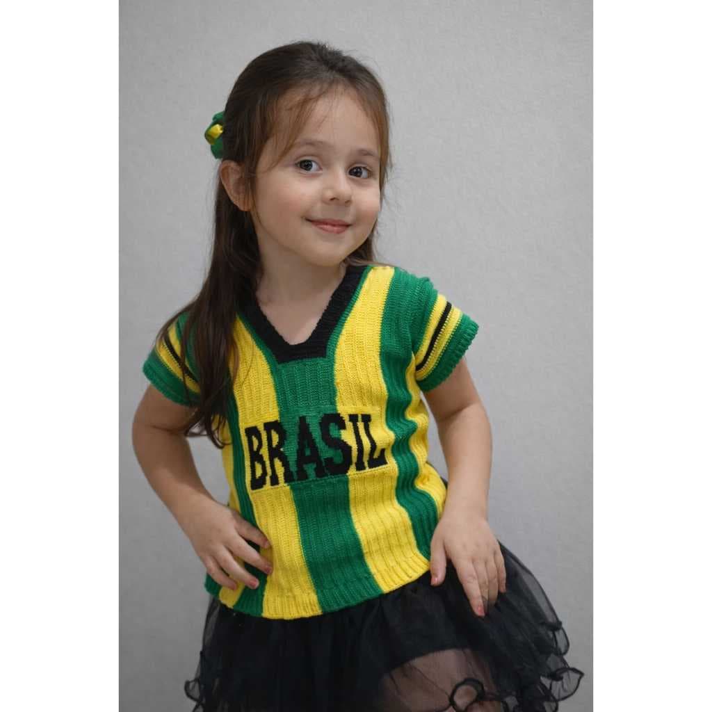 Blusa Infantil Decote V Listrada Tricô Malha Brasil Moderno Estilo Torcer Copa.
