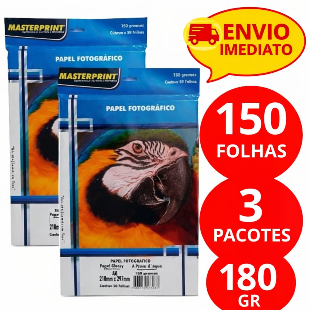 Papel Fotográfico 180g A4 Glossy Brilhante à Prova D'água MASTERPRINT 50/100/150 Folhas