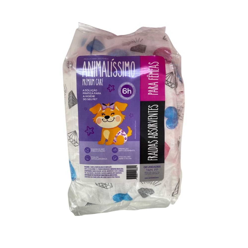 Fralda Descartável Tam PP 6 Un Higiênica Hipoalergenica Fita Velcro e Proteção Anti Vazamento Cães Femeas Animalissimo