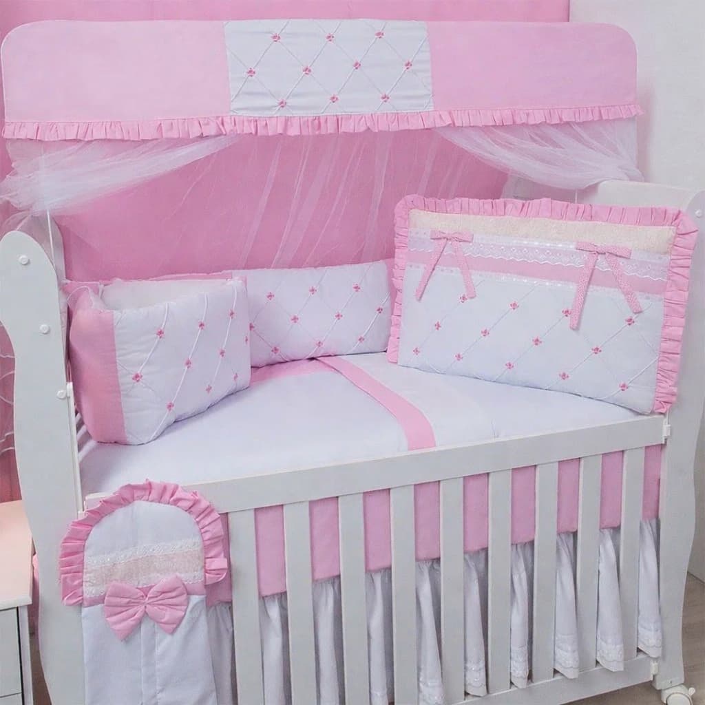 Kit Berço Enxoval Bebe Menina Baby Flower Rosa 9 Peças