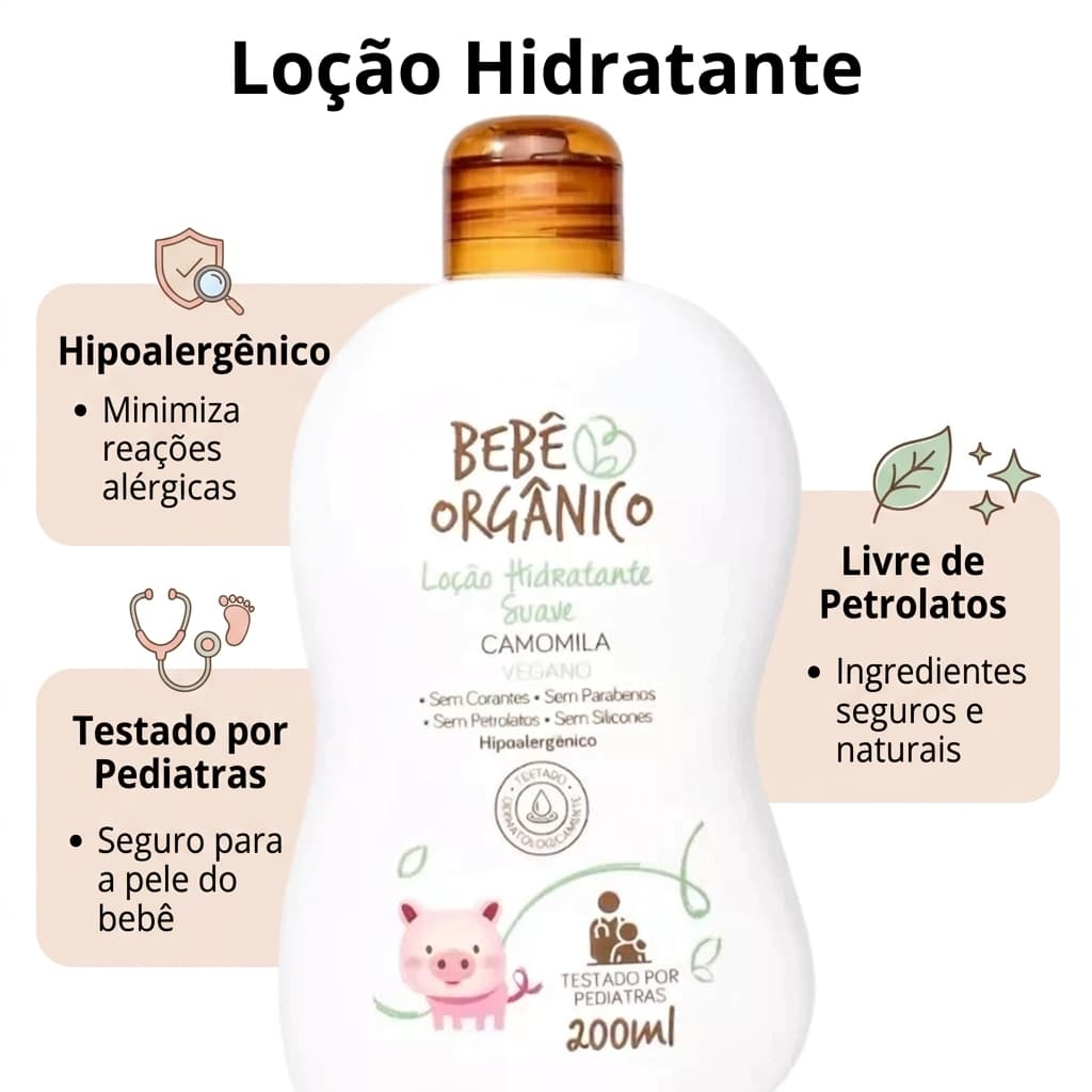Loção Hidratante para Pele do Bebê - Recém Nascido - Orgânico Camomila - Limpa Acalma Nutre - 200 ml