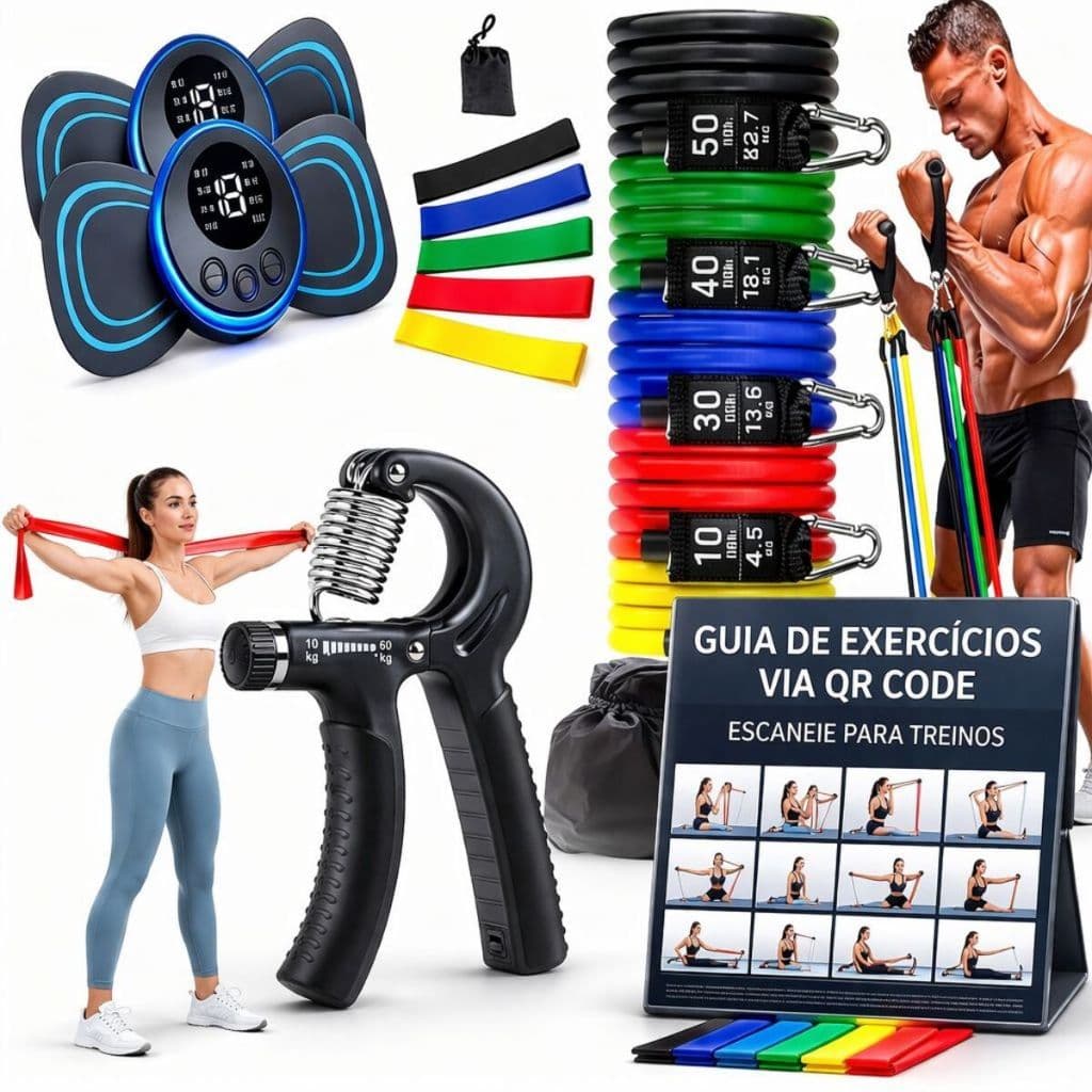 Kit 20 itens: 11 Extensores + Handgrip + 5 Minibands + 2 massageadores + Thera Band