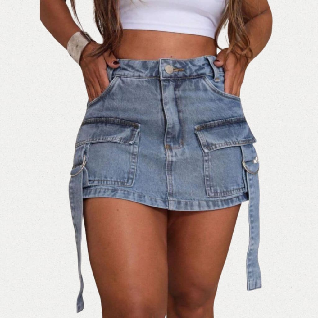 Short Saia Cargo Jeans Feminino Cintura Alta Bolsos Laterais Design Moderno Estiloso Casual Versátil