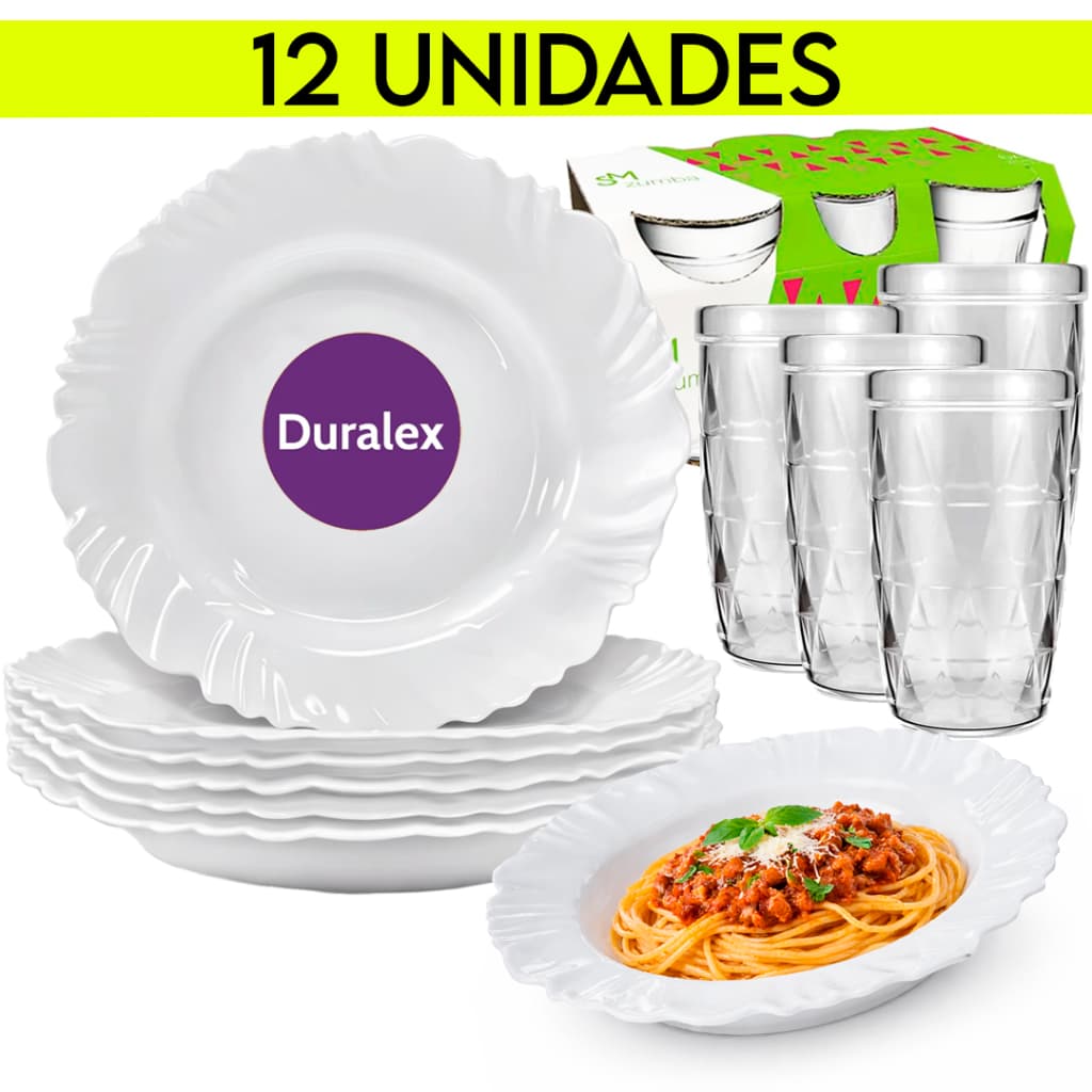 Kit 12 Peças 6 Pratos Pétala Fundo Opaline Duralex 6 Copos Zumba 270ml Buffet Resistente a Queda