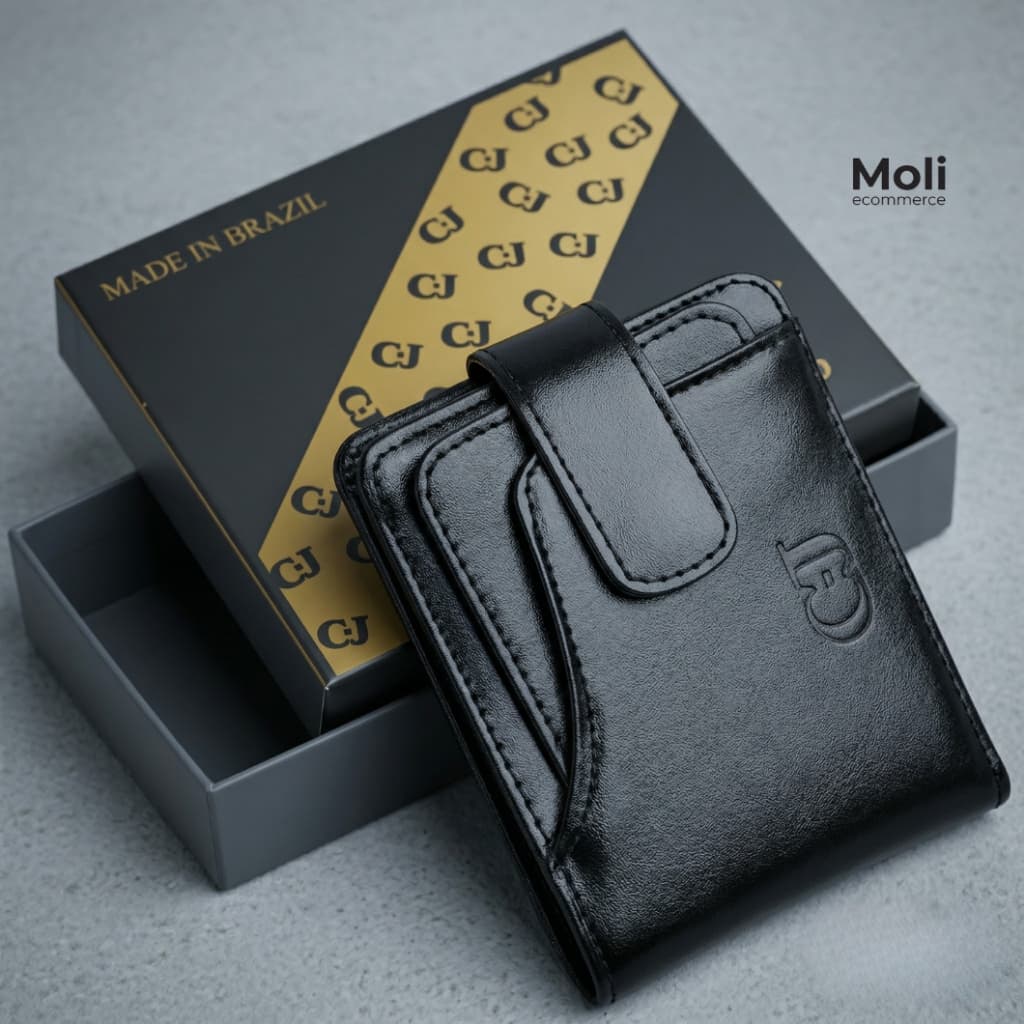 Carteira Masculina Slim Couro Legítimo Porta Cartão Compacta Elegante Com Botão