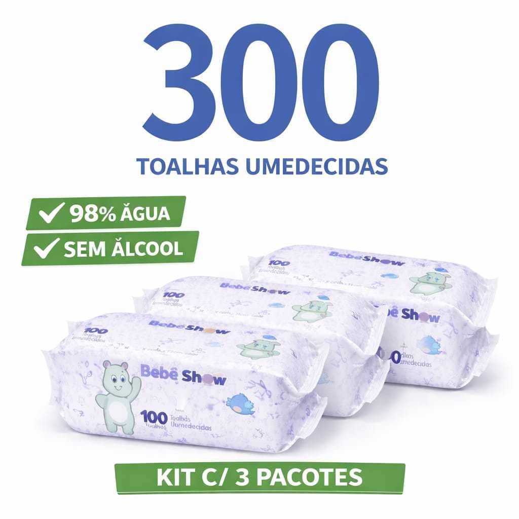 Toalha Umedecida Bebê 300 Lenços | Sem Álcool 98% Água | Kit C/ 3 Pacotes Econômico Promoção