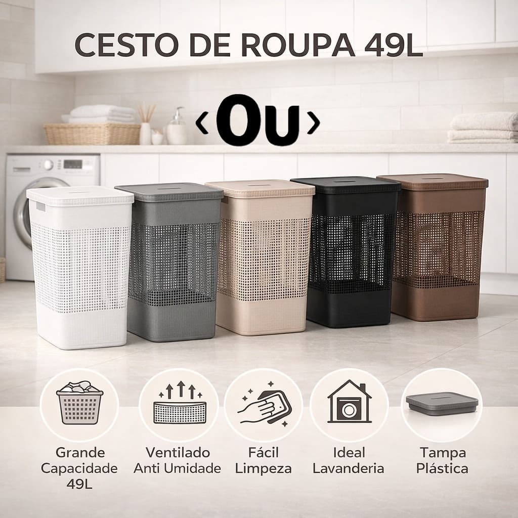 Cesto Roupas 49L Tampa Bambu Plastico Grid Organizador Lavanderia Grande Resistente OU